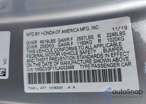 2020 Honda Accord z USA, uszkodzony, nr VIN 1HGCV3F11LA002498